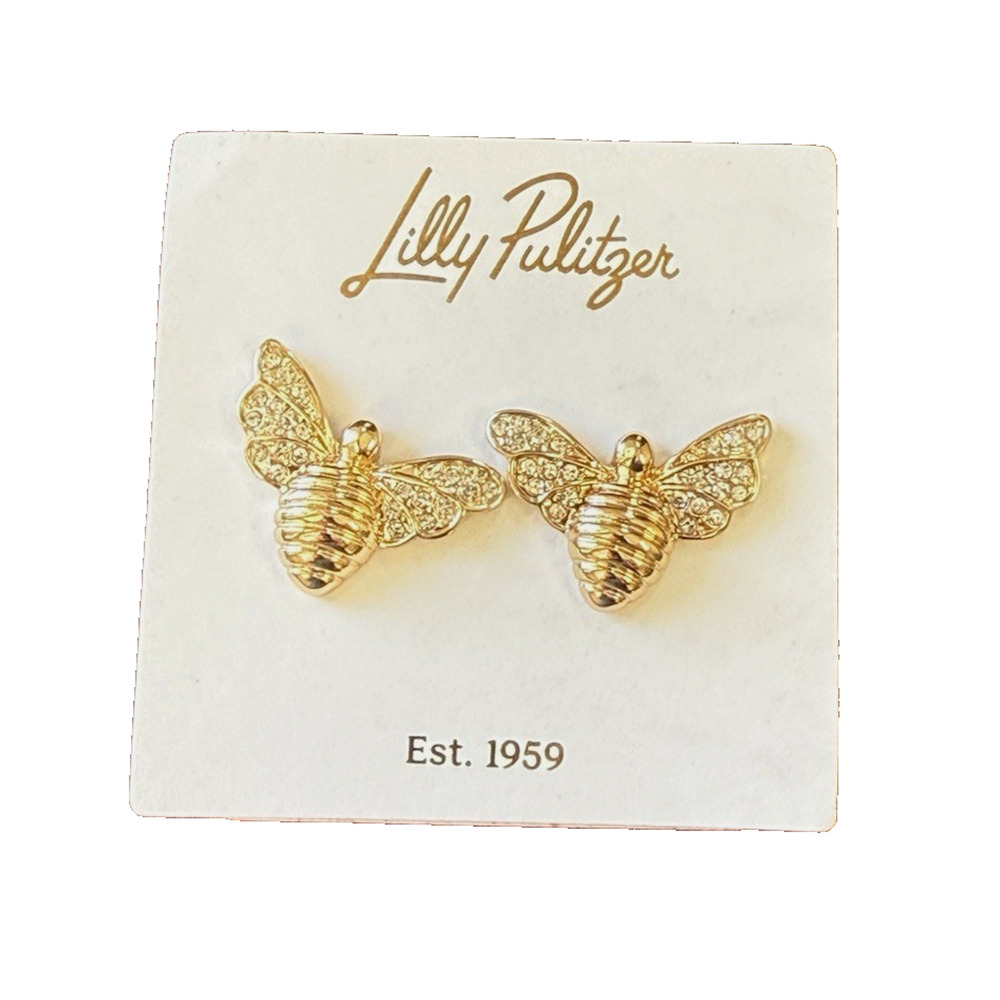 New Lilly Pulitzer Gold Tone Honey Bee Earrings Crystal Rhinestone Studs NWT